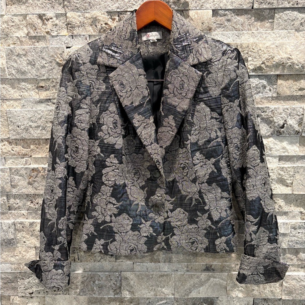Lucyna Elegant Floral Women's Jacket, charcoal and black flowers size 40